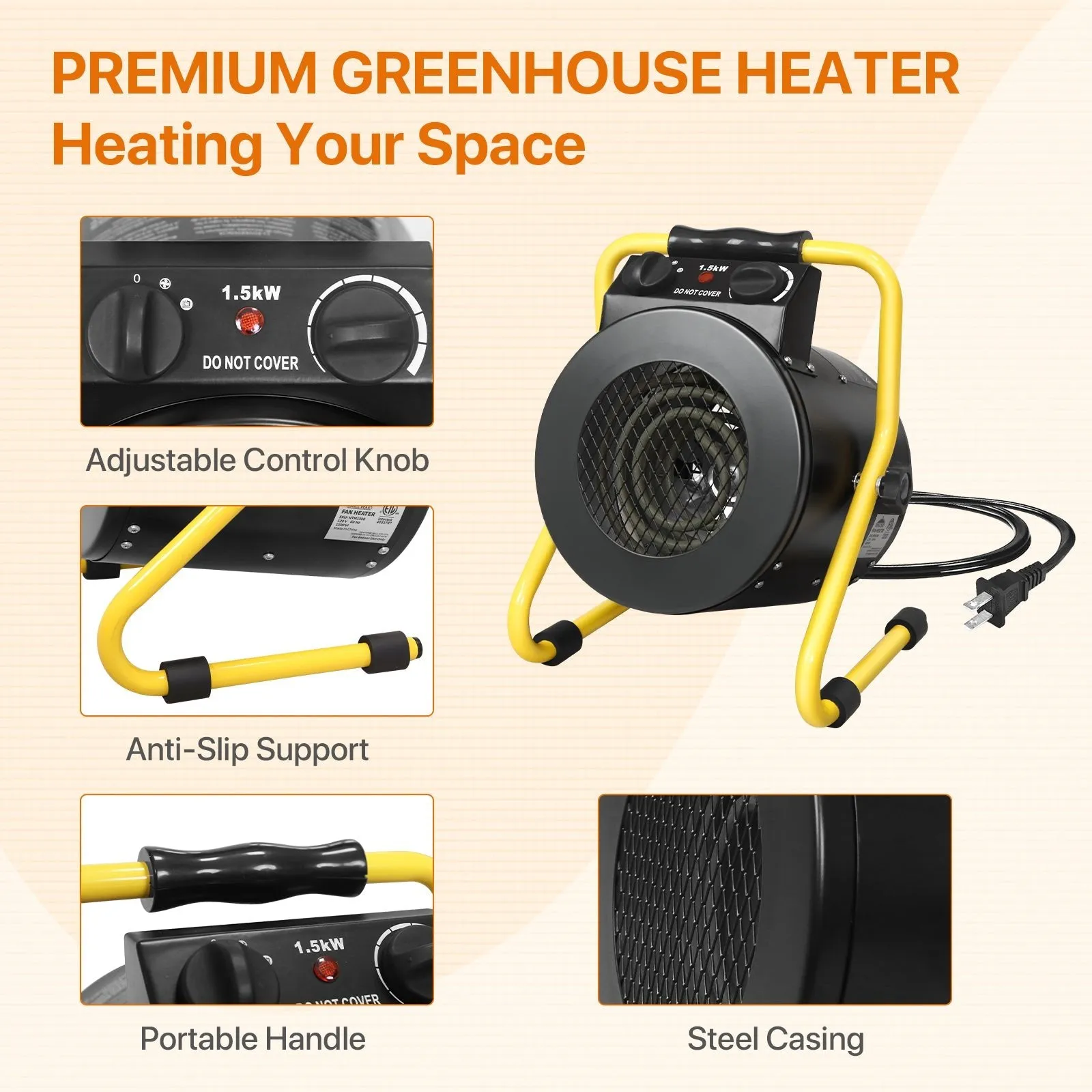 EAGLE PEAK Portable Electric Heater Fan 1500W, Outdoor Space Heater with Overheat Protection for Greenhouse, Garage, Workplace, Grow Tent and Room