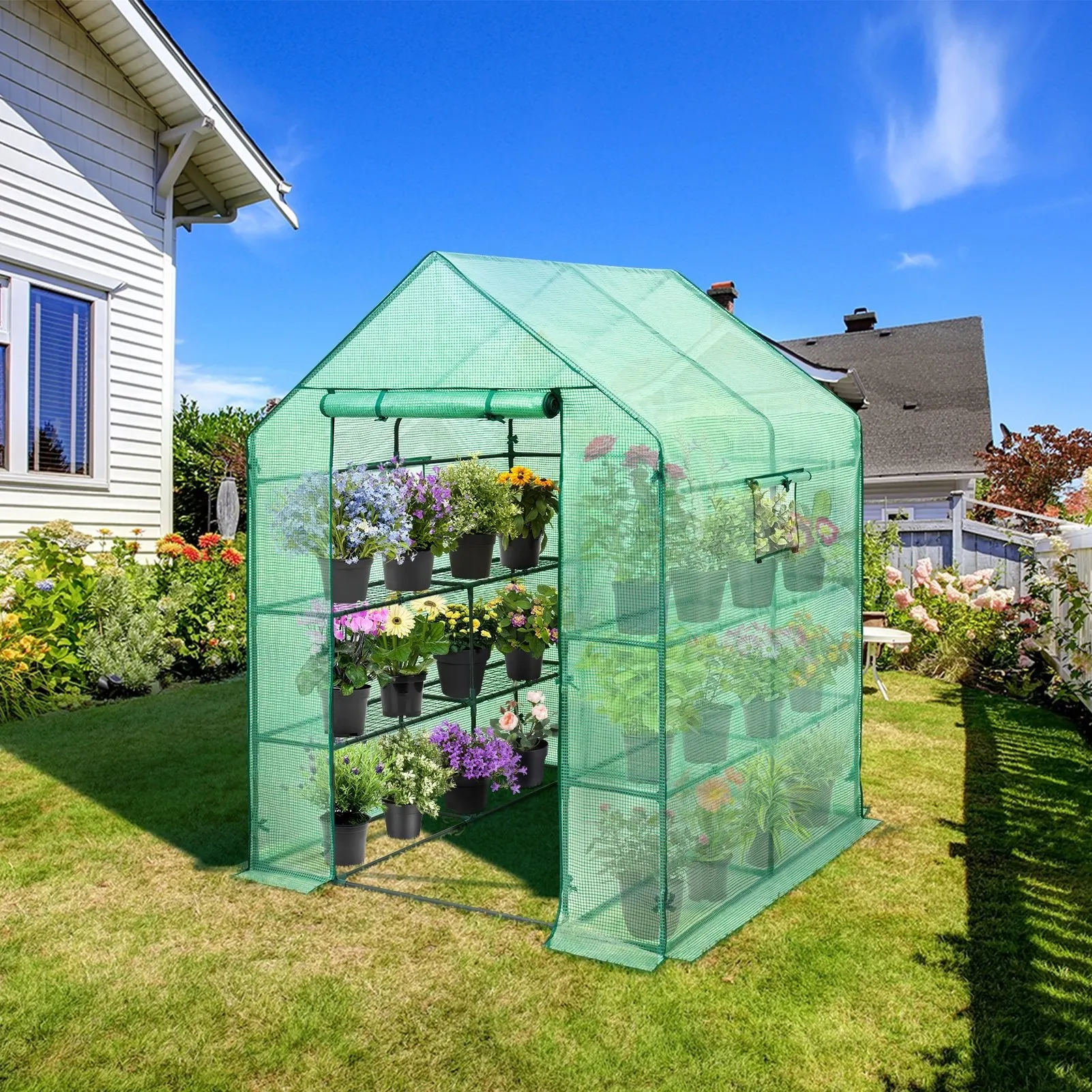 EAGLE PEAK Walk In 3-Tier Greenhouse with Wire Shelves，56"x56"x76"