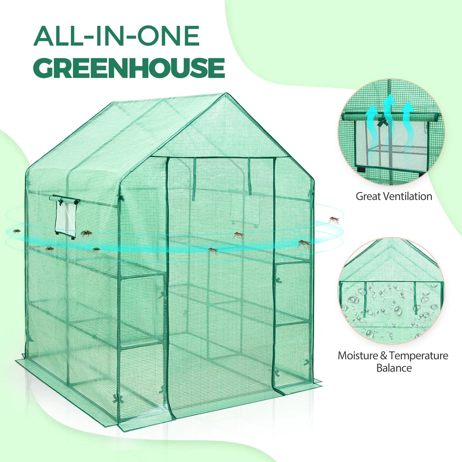 EAGLE PEAK Walk In 3-Tier Greenhouse with Wire Shelves，56"x56"x76"