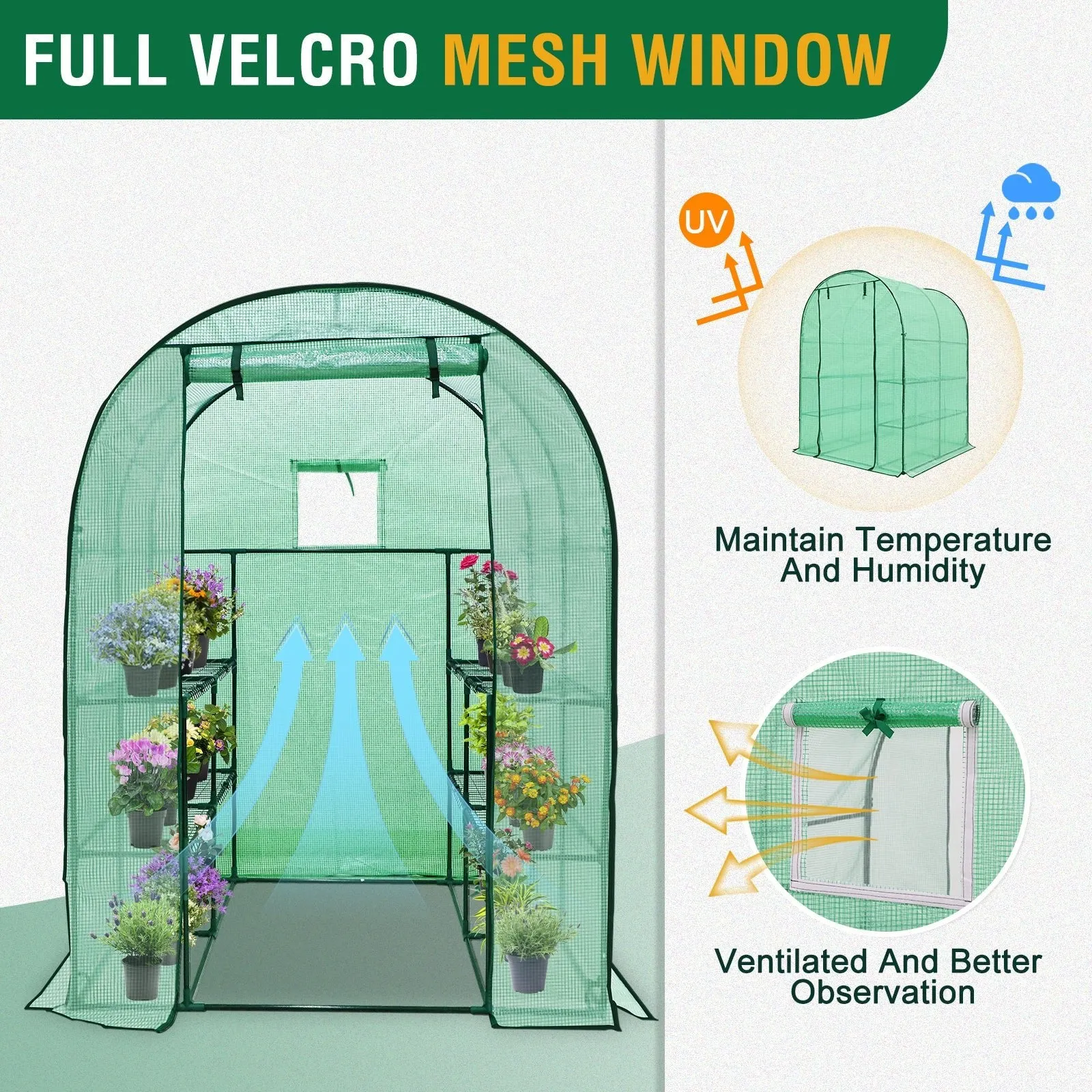 EAGLE PEAK Walk in Greenhouse 3 Tier with Wire Shelves,56.3”x56.3”x76.8”