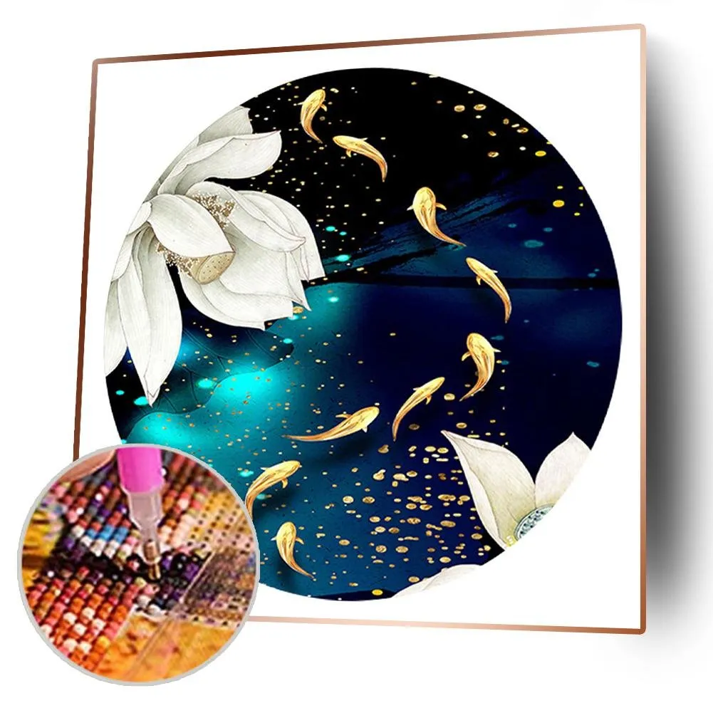 Fish Pond Lotus - 5D DIY Round Drill Diamond Painting (Canvas 40x40cm/15.71x15.71in )