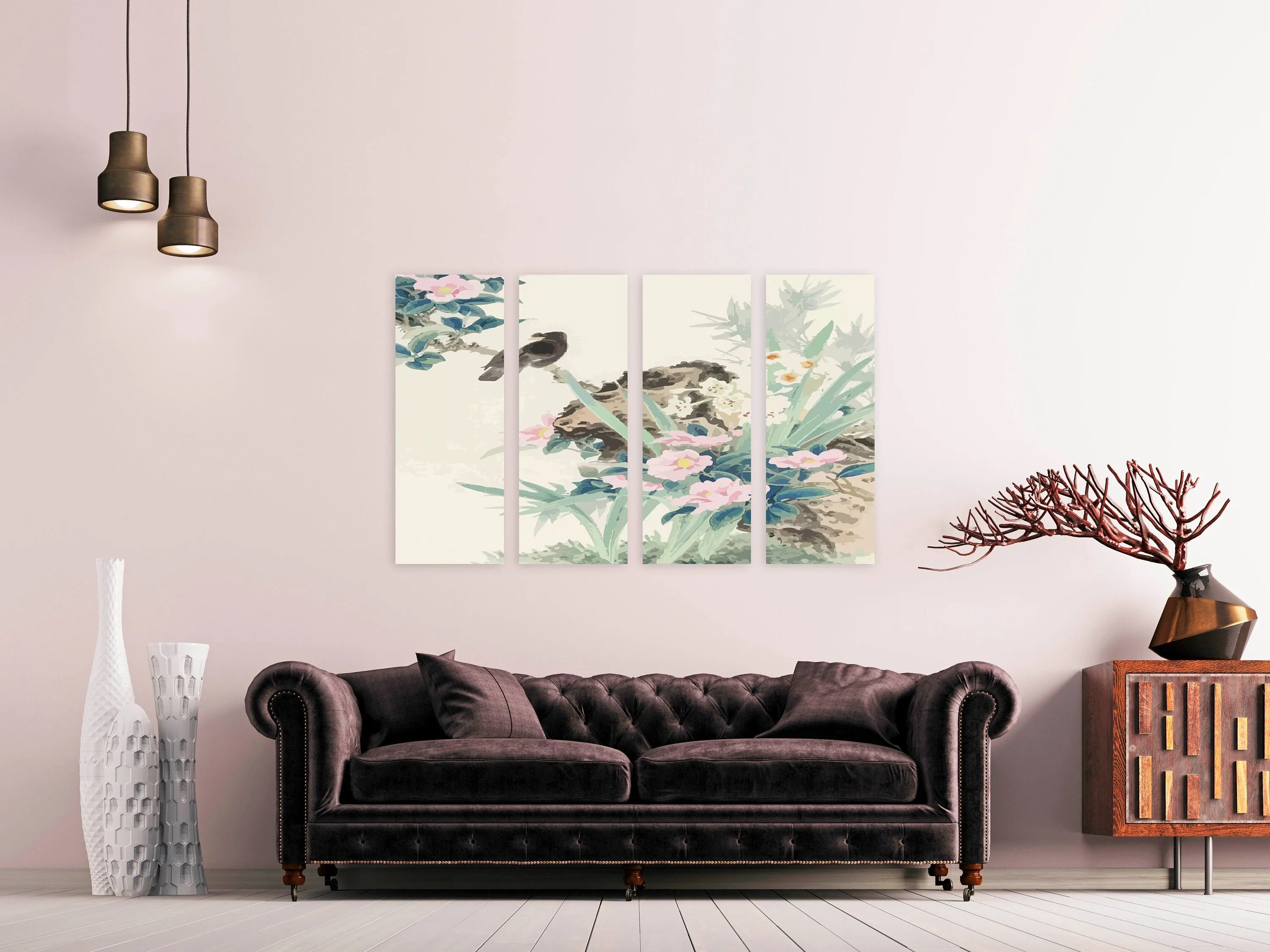 Floral asian wall decor, sakura bonsai tree wall art, sakura blossoms canvas painting japanese wall art bird prints wall art gift home decor