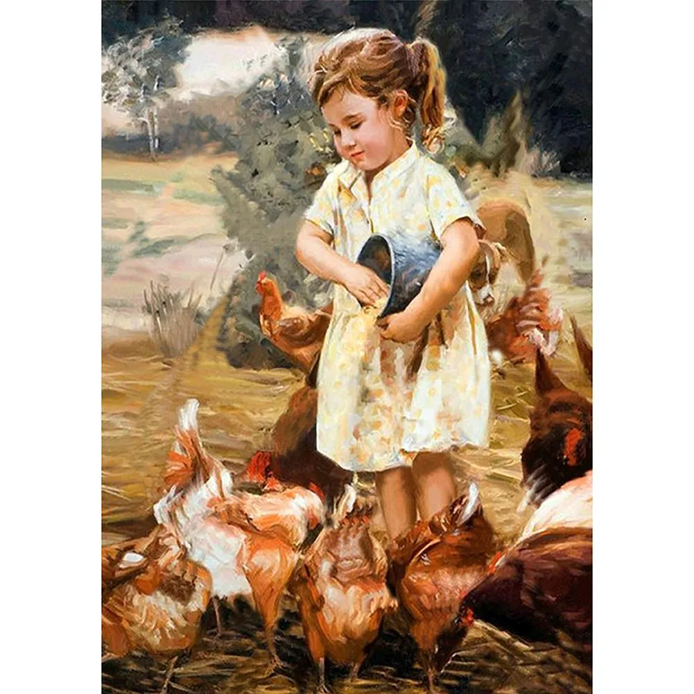 Girl Feeding Chicken - Full Round Diamond - 30x40CM