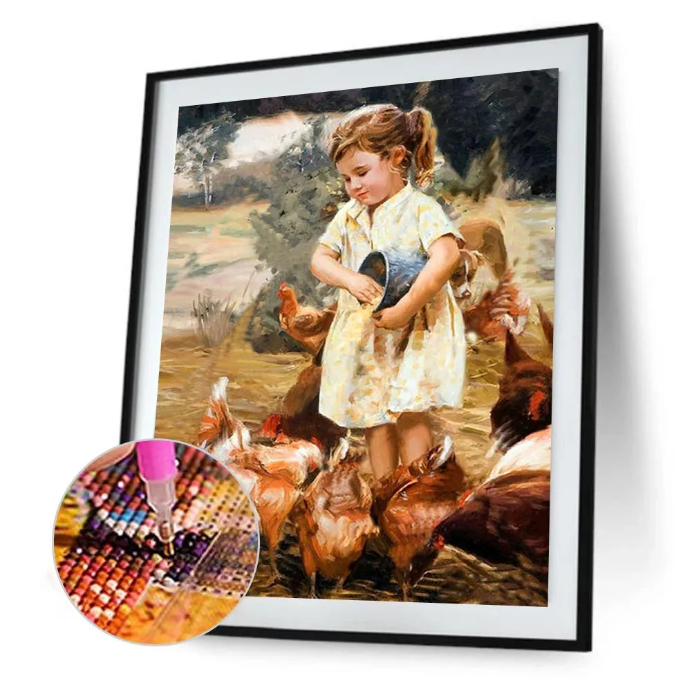 Girl Feeding Chicken - Full Round Diamond - 30x40CM