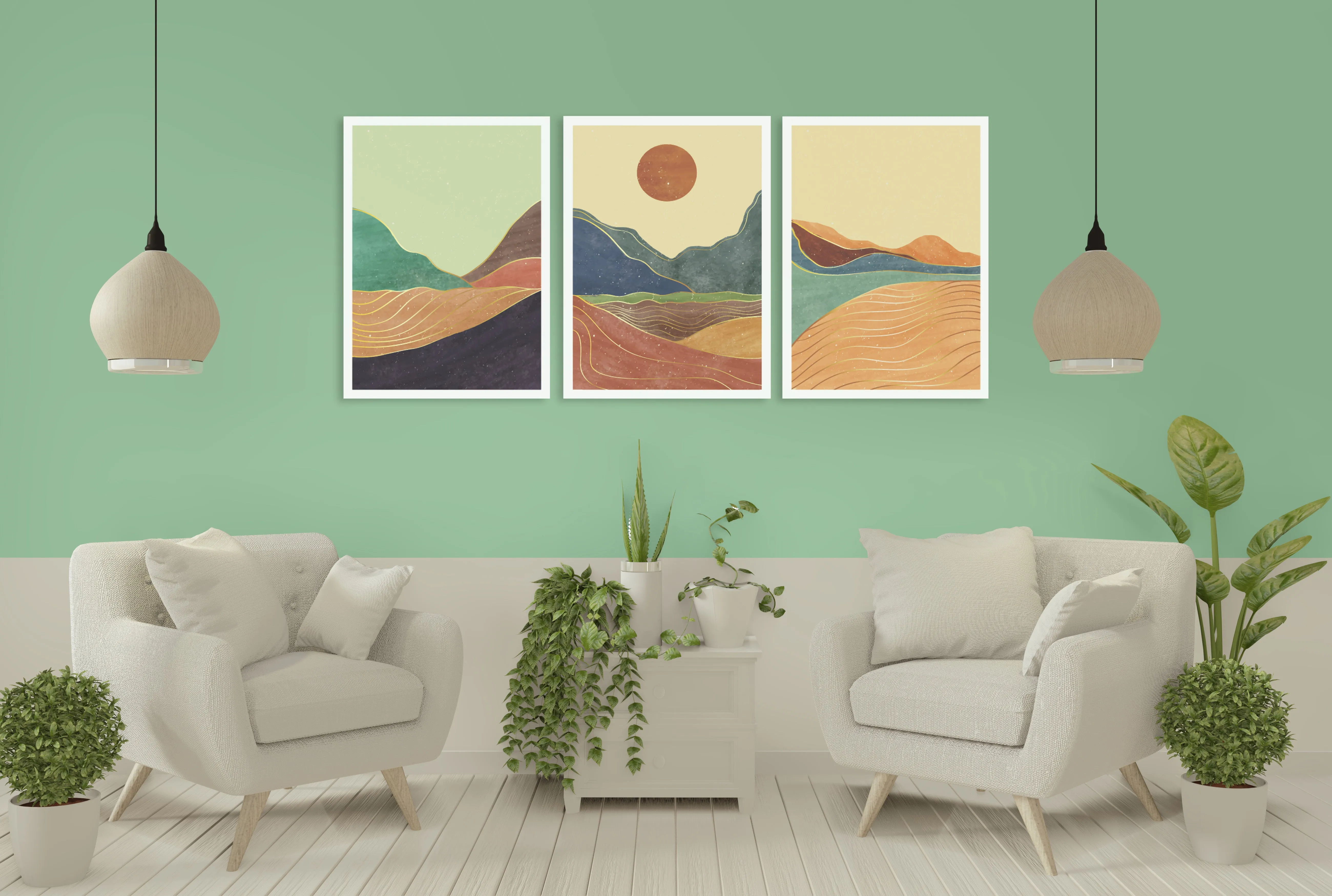 Mid century modern abstract mountain wall art canvas, printable wall art set of 3, minimalist wall art, geometric canvas painting