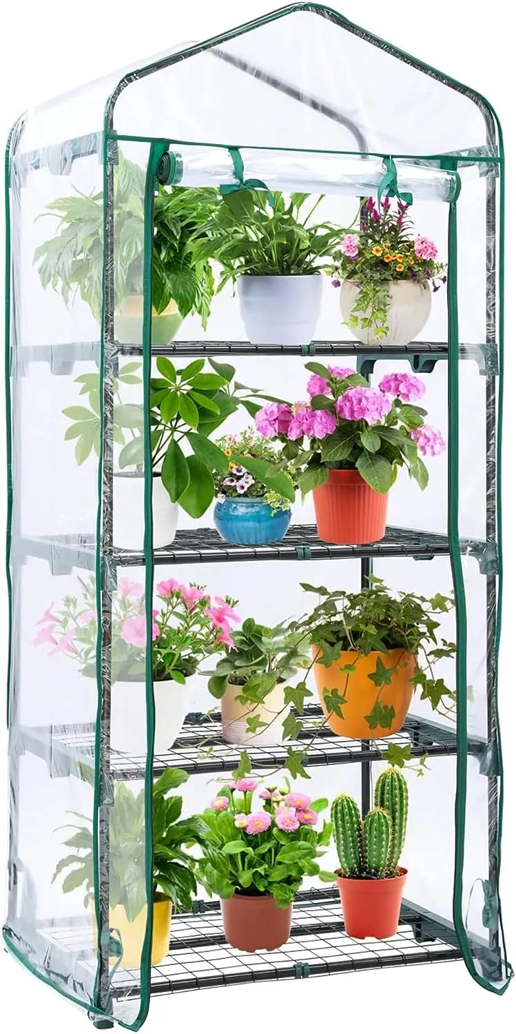 Mini Greenhouse for Outdoors & Indoors, 4 Tier Shelves, Portable Greenhouses with Heavy Duty Transparent PVC Cover for Winter Garden