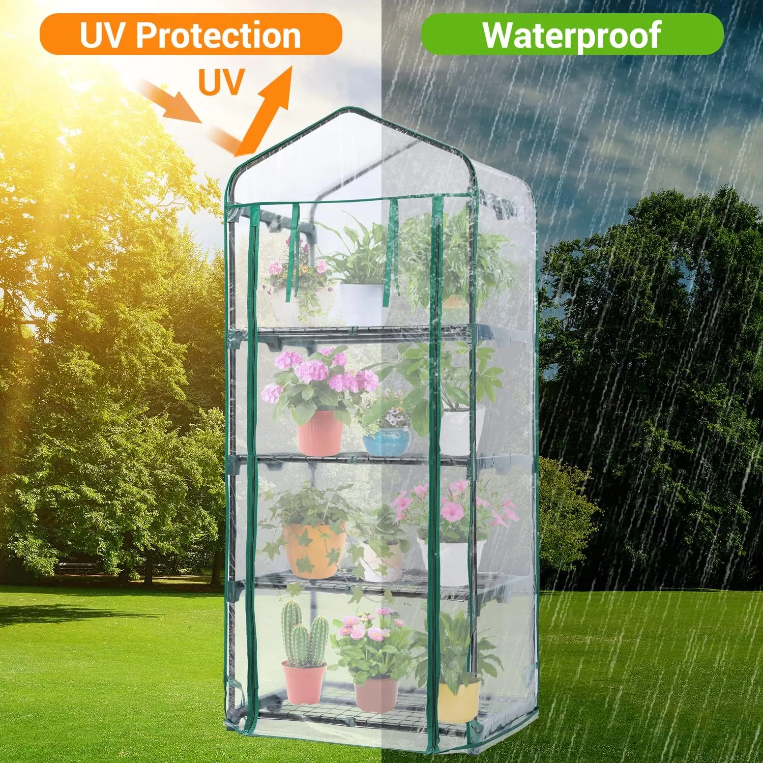 Mini Greenhouse for Outdoors & Indoors, 4 Tier Shelves, Portable Greenhouses with Heavy Duty Transparent PVC Cover for Winter Garden