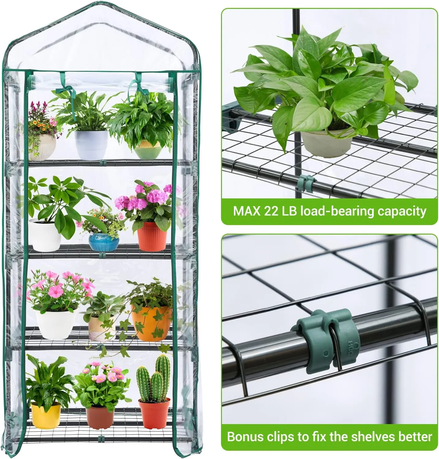 Mini Greenhouse for Outdoors & Indoors, 4 Tier Shelves, Portable Greenhouses with Heavy Duty Transparent PVC Cover for Winter Garden