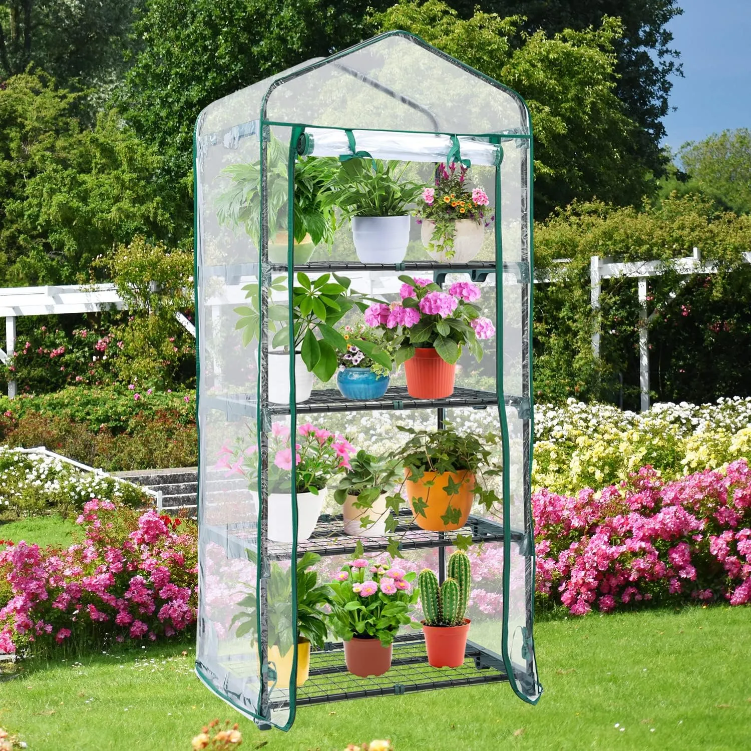 Mini Greenhouse for Outdoors & Indoors, 4 Tier Shelves, Portable Greenhouses with Heavy Duty Transparent PVC Cover for Winter Garden