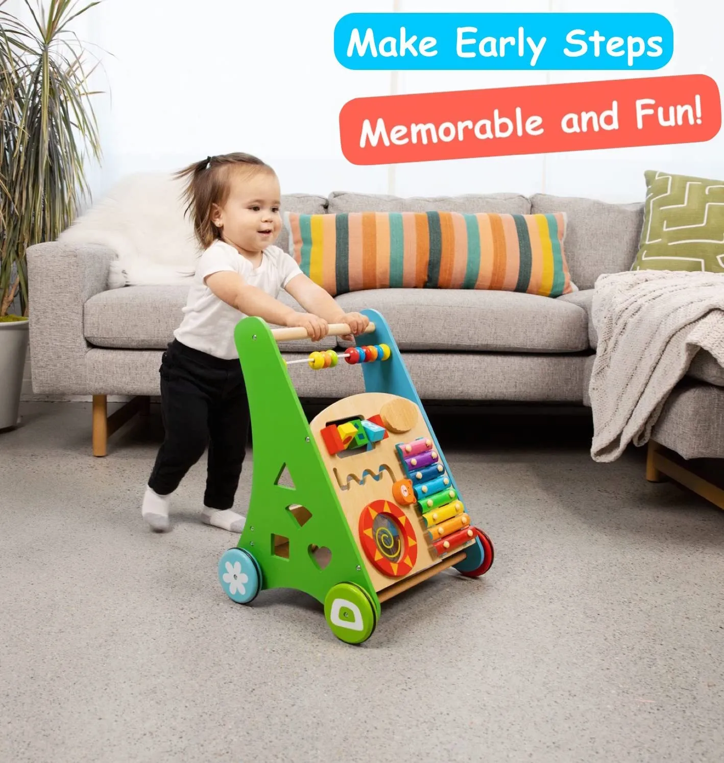 Pidoko Kids Baby Walker - Wooden Push and Pull Learning Toys for Boys and Girls - All in 1 Multiple Activity Center for Toddlers 