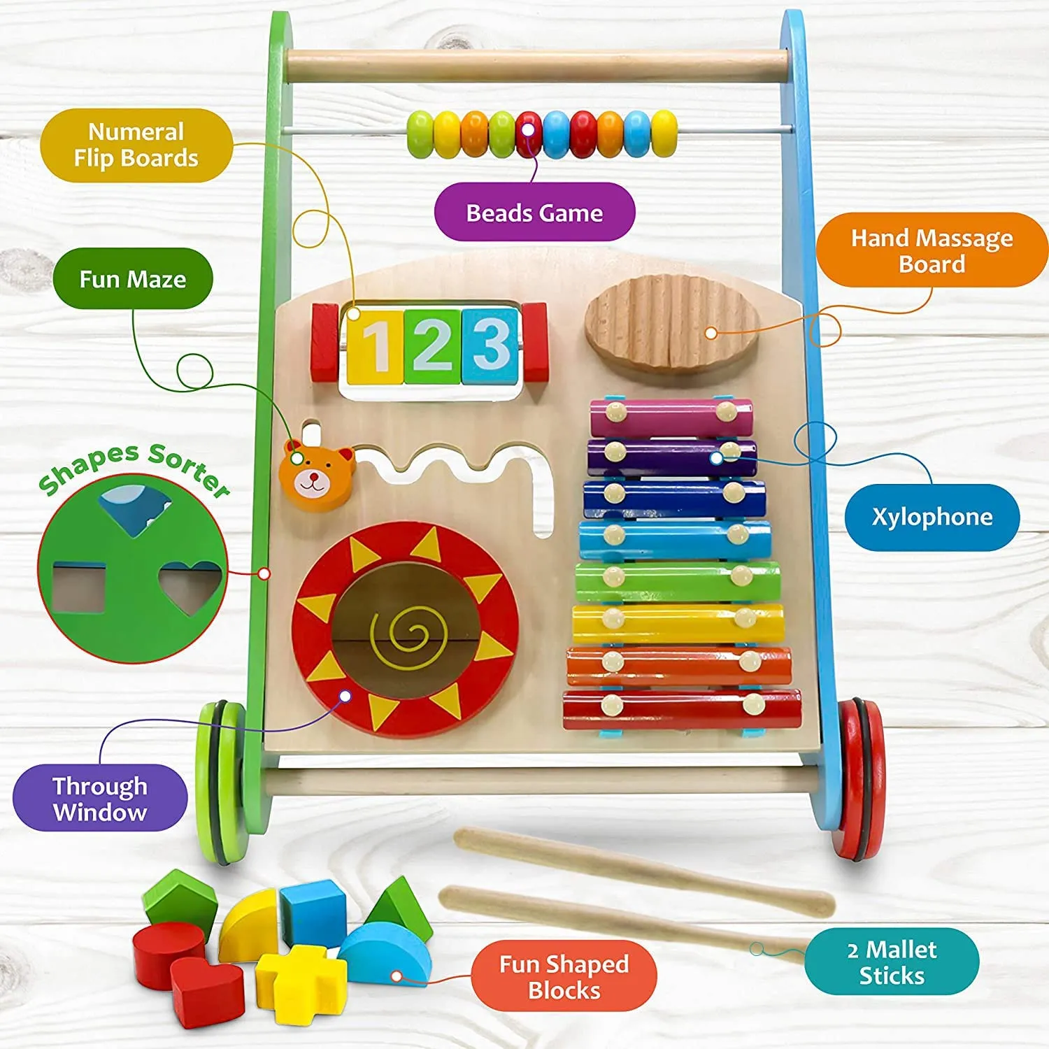 Pidoko Kids Baby Walker - Wooden Push and Pull Learning Toys for Boys and Girls - All in 1 Multiple Activity Center for Toddlers 