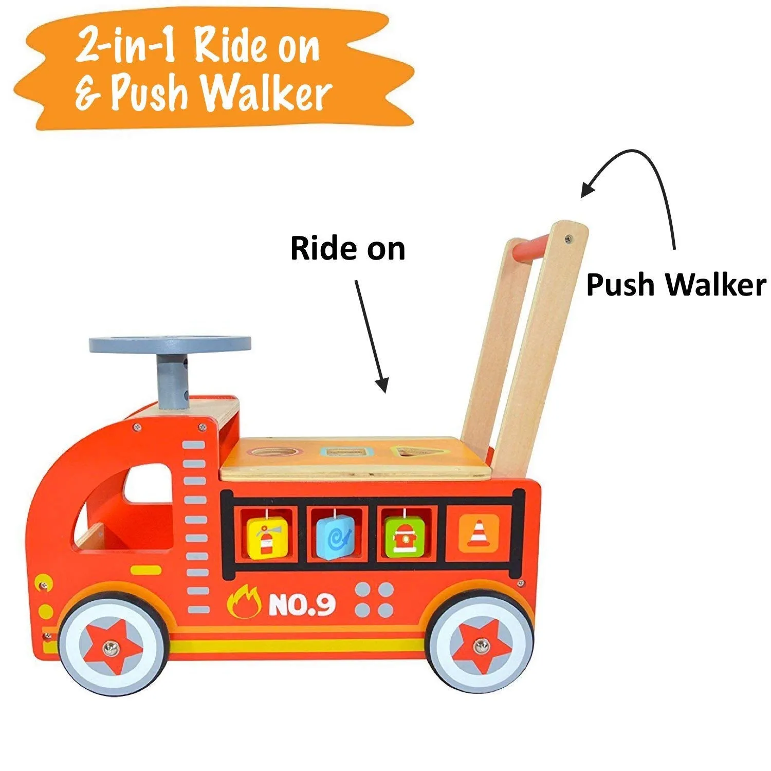 Ride On Fire Truck - Wooden Push and Pull Walker Cart