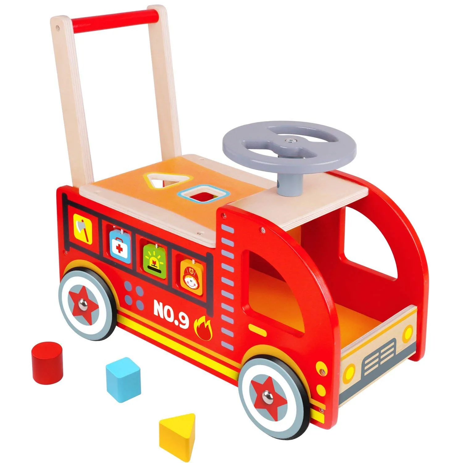 Ride On Fire Truck - Wooden Push and Pull Walker Cart