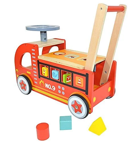 Ride On Fire Truck - Wooden Push and Pull Walker Cart